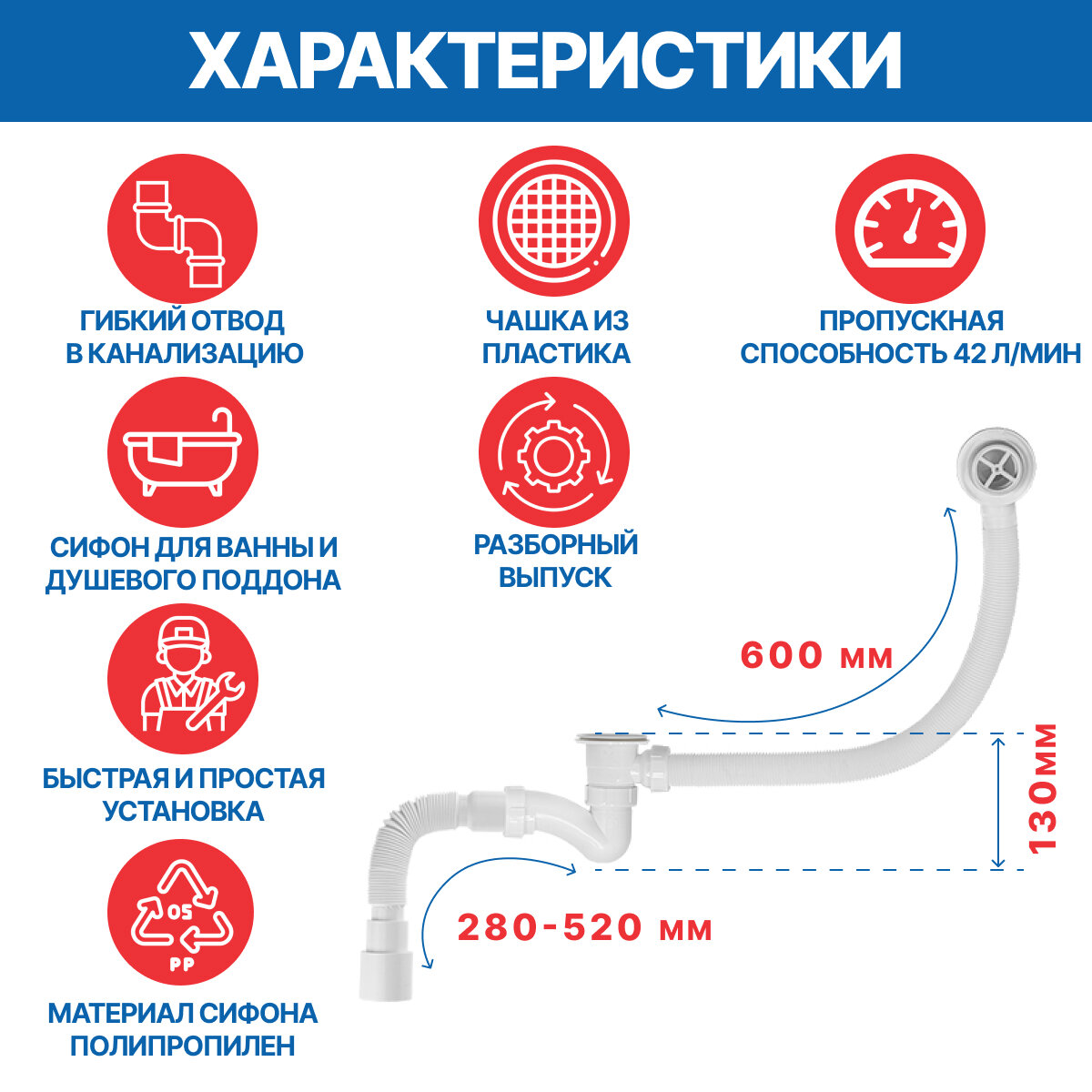 Сифон для ванны 1.1/2"х40 пластиковый выпуск, с гибкой трубой 40х40/50 - фотография № 3