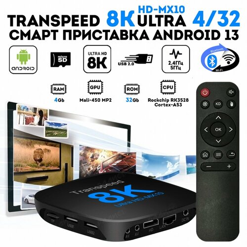 Андроид приставка Transpeed 8k ultra hd 4/32 Гб Android 13 смарт тв приставка dq08 pro rockchip rk3528 android 13 поддержка 8k видео bt5 0 wifi6 4гб 128гб медиаплеер google voice