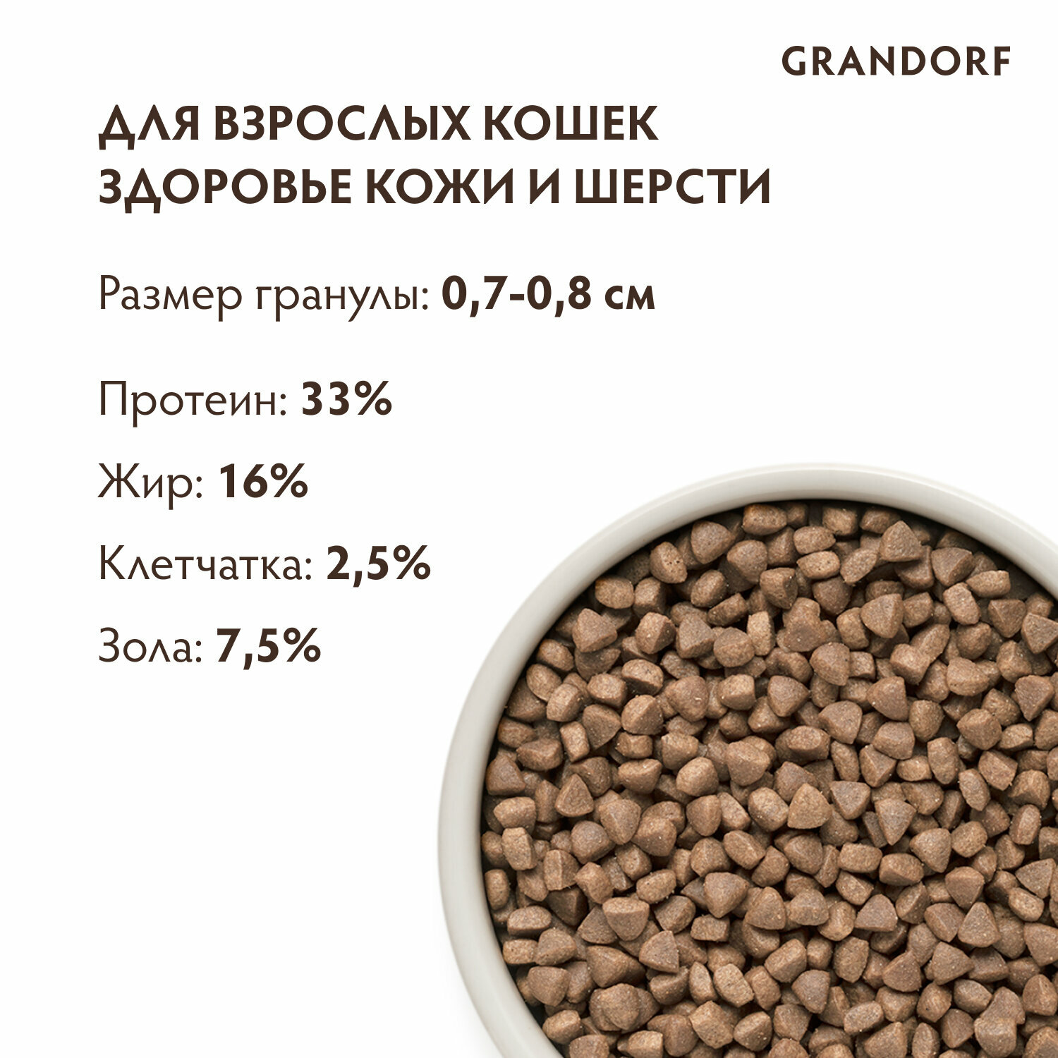 Grandorf корм для кошек, забота о коже и шерсти, белая рыба с индейкой 2 кг