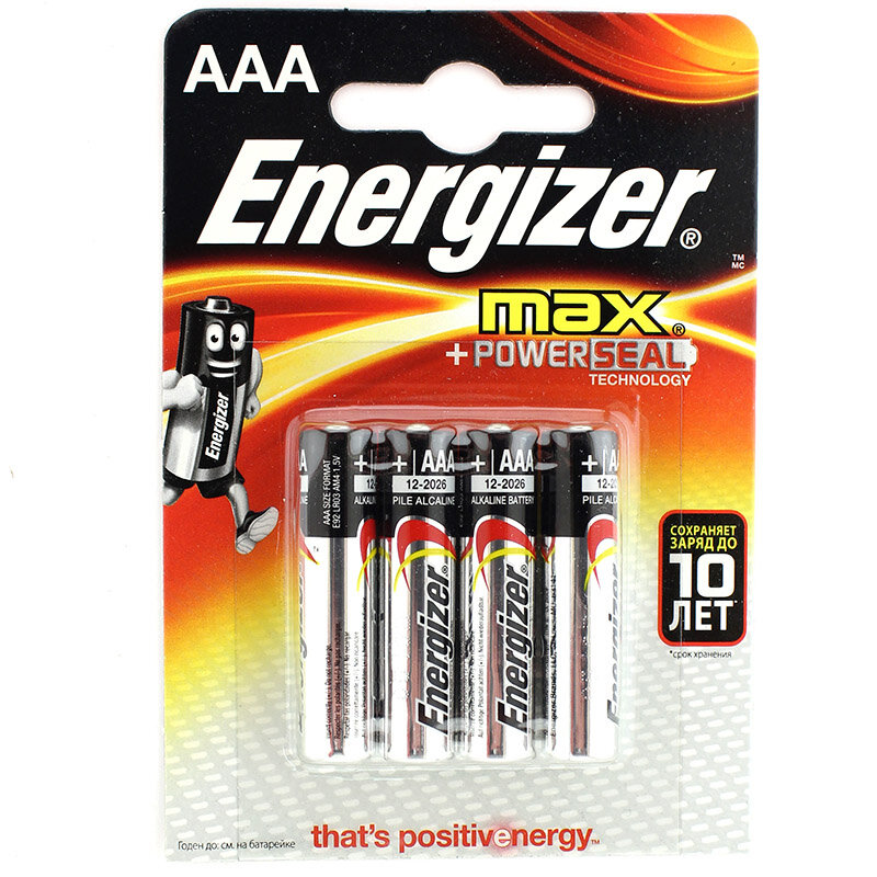 Элементы питания Energizer Батарейка щелочная ENERGIZER MAX LR03 (AAA, E92) 1.5В бл/4, (Цена за 1шт)