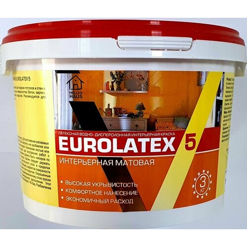 Краска интерьерная латексная EUROLATEX 5 PREMIUM супербелая 6 кг (База А) краска водно дисперсионная интерьерная моющаяся krafor латексная 14 кг супербелая