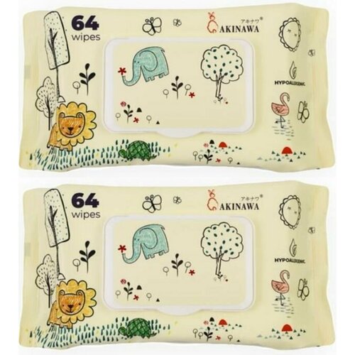 AKINAWA Салфетки влажные детские, 64 шт, пластиковый клапан, 2 шт