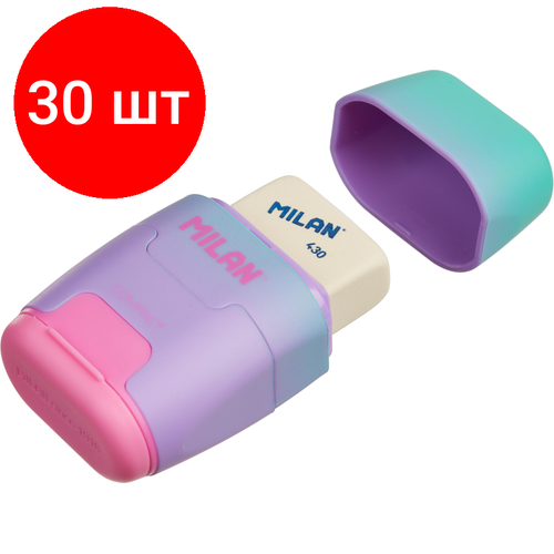 ластик точилка milan bym10379 с европодвесом Комплект 30 штук, Ластик-точилка Milan COMPACT SUNSET ластик из синт каучука фиол-розовый