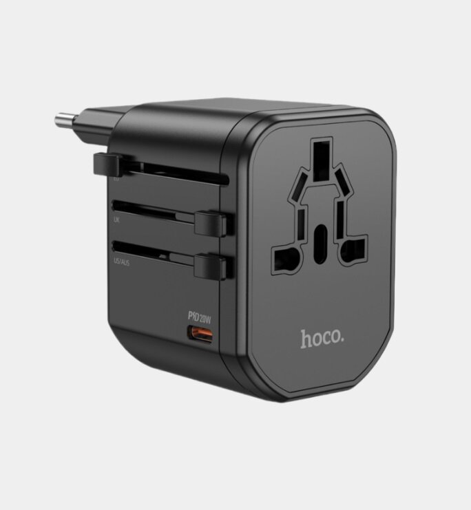Универсальный адаптер для всех типов розеток Hoco AC15 for EU/UK/US/AUS Plugs, 1840W, 1C+2U, PD20W+QC3.0, Черный