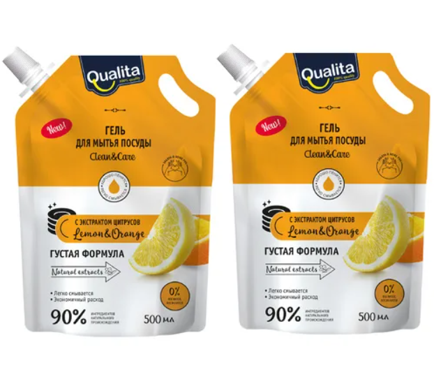 Средство для мытья посуды Qualita, Lemon & Orange, дой-пак, 500 мл. 2 уп.