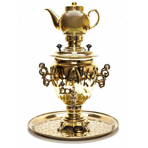 Золотой Самовар электрический с подносом и заварочным чайником