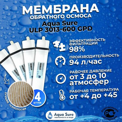 4 штуки. Мембрана обратного осмоса 3013-600 gpd (комплект из 4 штук) к аппаратам живая вода, ТК