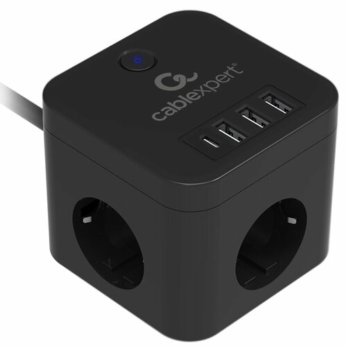 Сетевой фильтр Gembird Cablexpert Cube 3 Sockets 1xType-C PD 3xUSB 1.5m Black CUBE-3-CU3-B-1.5 сетевой фильтр perfeo powermate 3 sockets 3m black pf pm 3 3 0 b