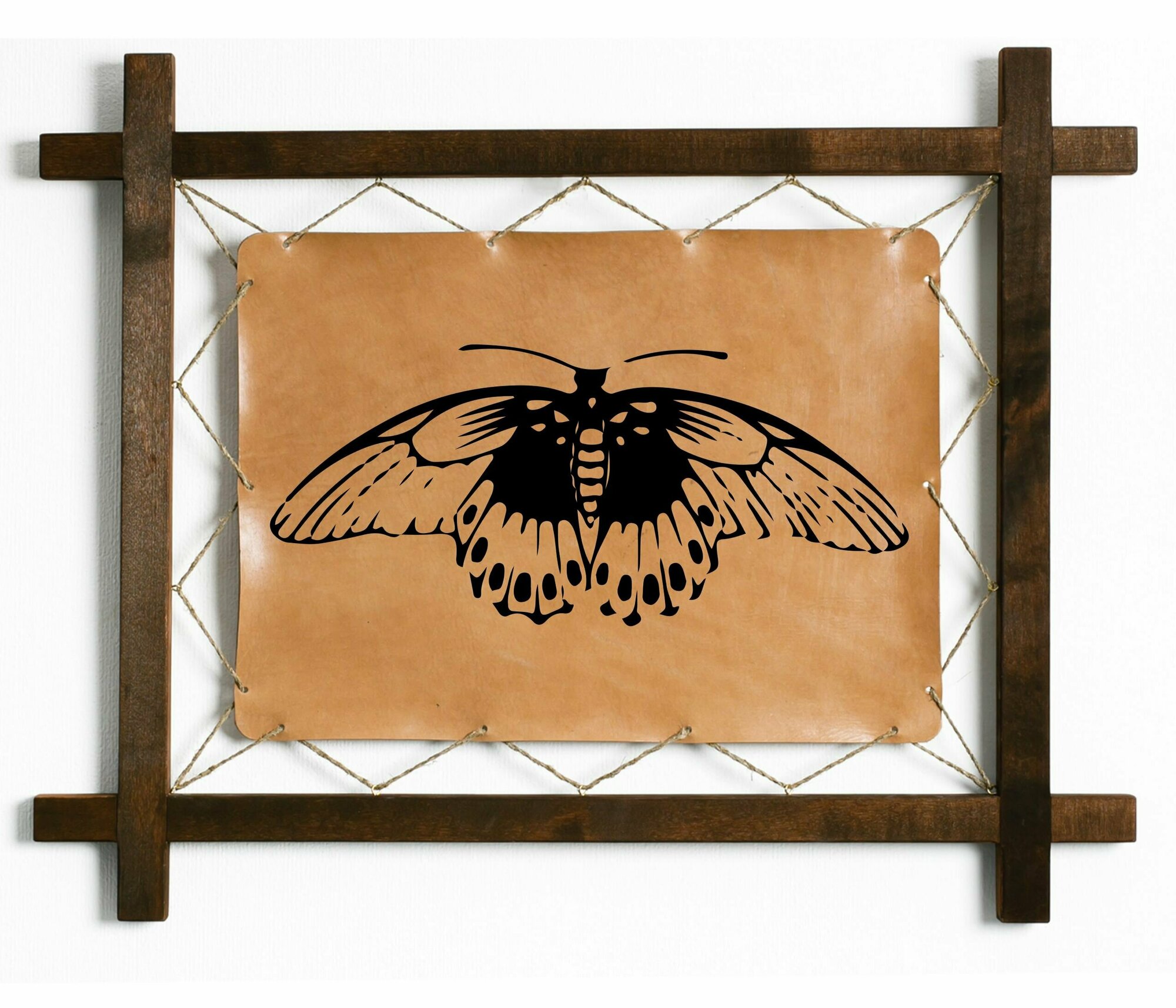 Картина Мотылек гравировка на натуральной коже, интерьерная для украшения и декора на стену в деревянной раме, подарок, BoomGift