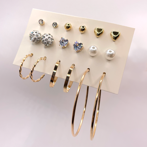 женские серьги гвоздики с искусственным жемчугом 12 пар Комплект серег , кристалл, стекло, жемчуг имитация, золотой