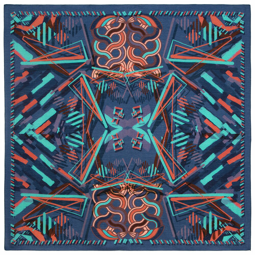 Платок Павловопосадская платочная мануфактура,115х115 см, голубой, коричневый