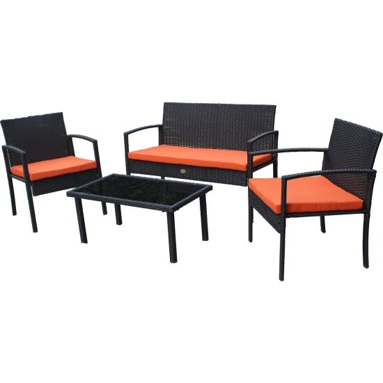 Набор мебели GARDEN STORY Бостон 1 уп. (стол+2кресла+диван ротанг черный подушки оранжевые)