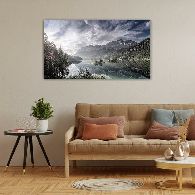 Картина на холсте 60x110 LinxOne "Озеро лес островки природа горы" интерьерная для дома / на стену / на кухню / с подрамником