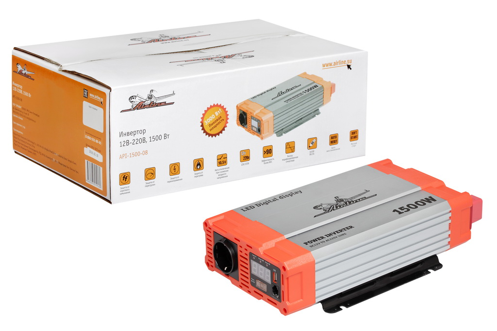 AIRLINE api-1500-08 (API150008) инвертор автомобильный 12в-220в 1500 вт (api-1500-08)