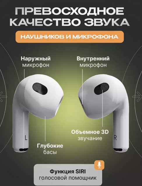 Беспроводные наушники Air 3 для iPhone и Android/ Bluetooth наушники с сенсорным управлением, с шумоподавлением, с микрофоном/ Белый