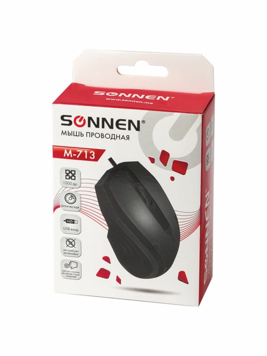 Мышь проводная SONNEN М-713, USB, 1000 dpi, 2 кнопки + колесо-кнопка, оптическая, черная, 512637 - фото №12