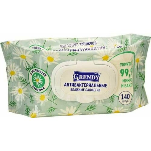 Grendy Влажные салфетки антибактериальные с экстрактом Ромашки, с клапаном, 140 штук в упаковке