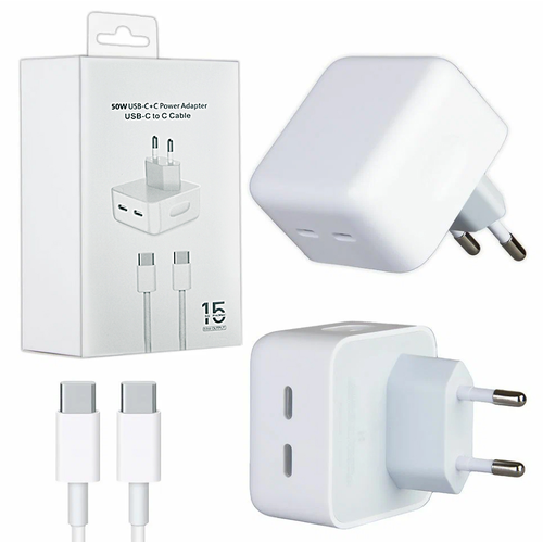 Сетевое зарядное устройство 50W с двумя портами для iPhone 15/ 15 Plus / 15 Pro / 15 Pro Max / iPad / AirPods / Быстрая зарядка 50W