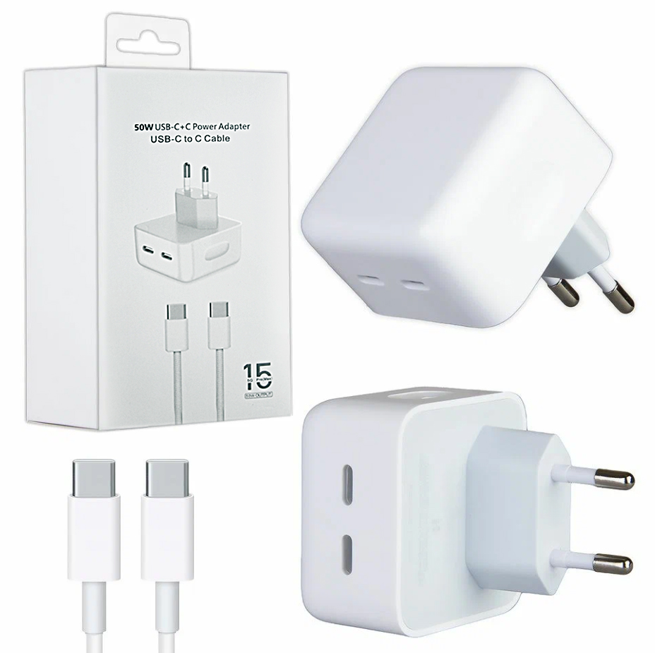 Зарядное устройство 50W для iPhone 15, 15 Plus, 15 Pro, 15 Pro Max, iPad, AirPods / Два порта USB Type-C + кабель (USB Type-C - USB Type-C)