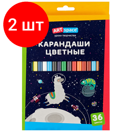 набор цветных карандашей 36 шт металлическая коробка Комплект 2 шт, Карандаши цветные ArtSpace Космонавты, 36цв, заточен, картон, европодвес