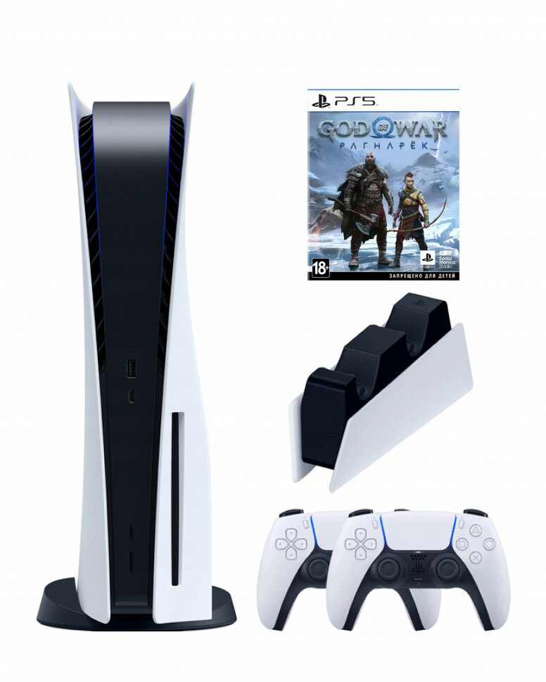 PS5 (ПС5) Игровая приставка Sony PlayStation 5 (3-ревизия)+2-й геймпад(белый)+зарядное+Игра God of War, 825 ГБ