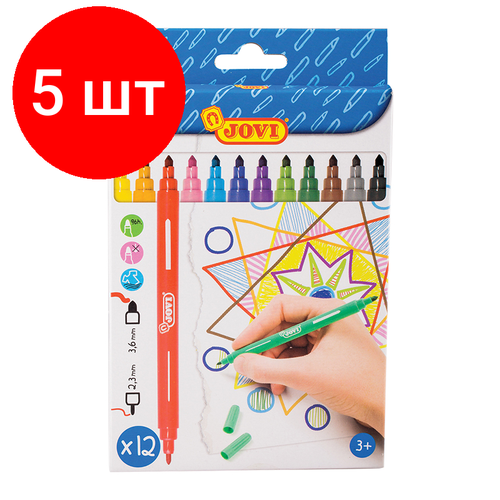 Комплект 5 шт, Фломастеры двусторонние JOVI, 12цв, смываемые, картон, европодвес