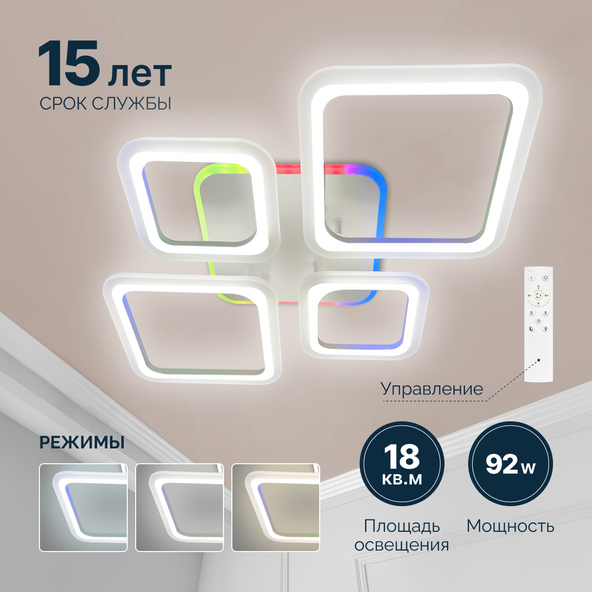 Люстра потолочная светодиодная светкомет белая с RGB подсветкой и пультом управления для всех видов потолков светильник потолочный