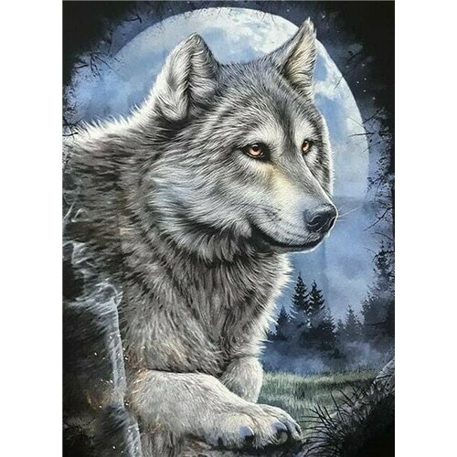 Алмазная мозаика картина стразами Волк на фоне луны, 30х40 см картина стразами красочный волк 30х40 см