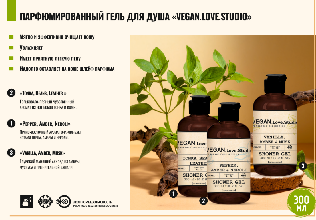 Гель для душа парфюмированный VEGAN.Love.Studio № 10 Vanilla, Amber, Musk, 300 мл.