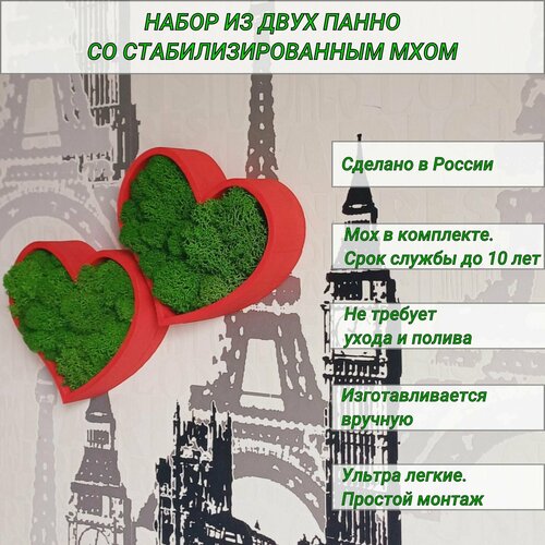 Декоративные панно - кашпо на стену со мхом / сердечки - валентинки 15*17*3 см / матовые красные красный