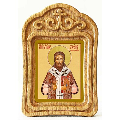 Святитель Стефан I, патриарх Константинопольский, икона в резной деревянной рамке
