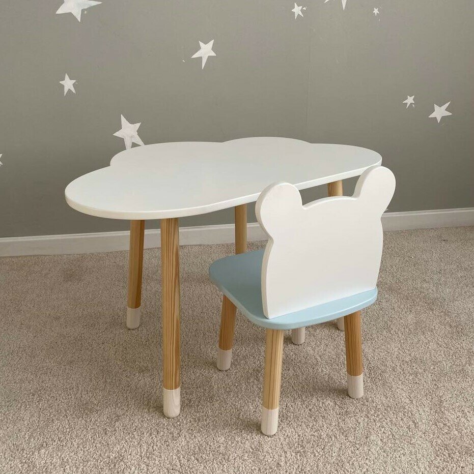 Комплект детской мебели DIMDOMkids, стол "Облако" белый + стул "Мишка" голубой
