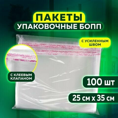 Пакет бопп с клеевым клапаном, комплект 100 шт, 25х35+4 см, толщина 30 мкм, с усиленным швом