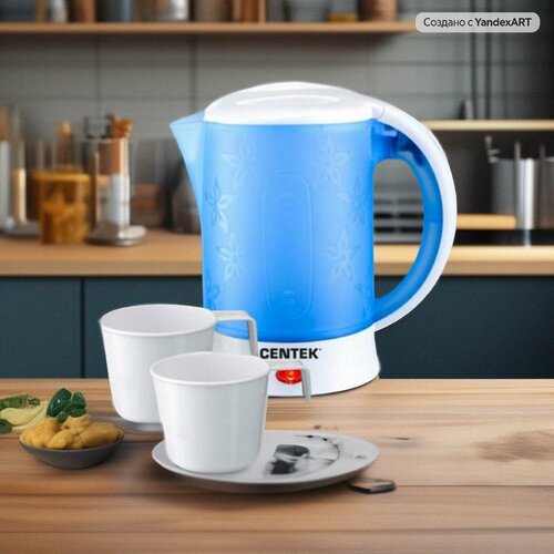 Чайник дорожный CENTEK CT-0054 Blue (бело-синий) 600мл, 650Вт, дорожный чайник + 2 чашки + 2 ложки радиоуправляемый перевертыш blue stunt dumper car 2 4g ct 8034 blue ct 8034 blue