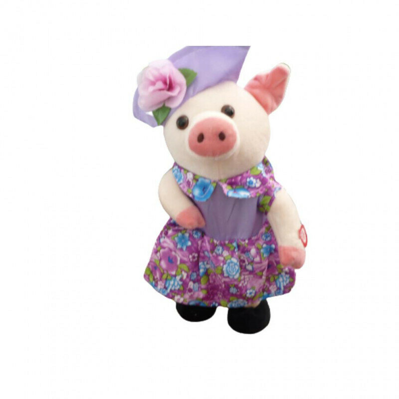 Мягкая игрушка музыкальня Свинка в платье, шляпке сиреневой 30 см танцует