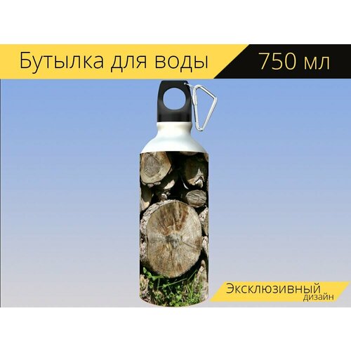 фото Бутылка фляга для воды "древесина, дрова, куча дров" 750 мл. с карабином и принтом lotsprints