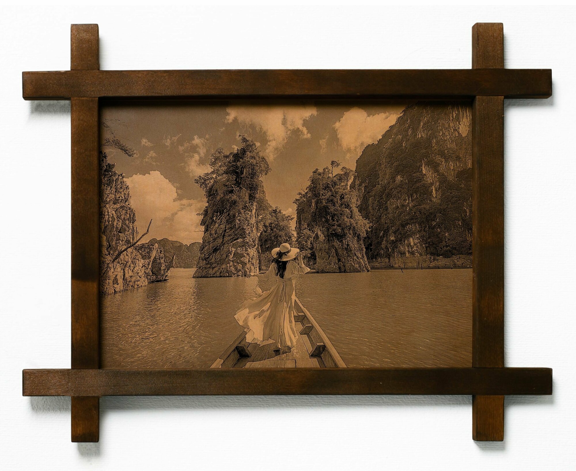 Картина Девушка на лодке среди гор, гравировка на натуральной коже, интерьерная для украшения и декора на стену в деревянной раме, подарок, BoomGift