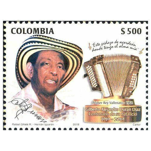 Почтовые марки Колумбия 2019г. 100 лет со дня рождения Хильберто Алехандро Дуран Диаса Музыканты, Музыкальные инструменты MNH