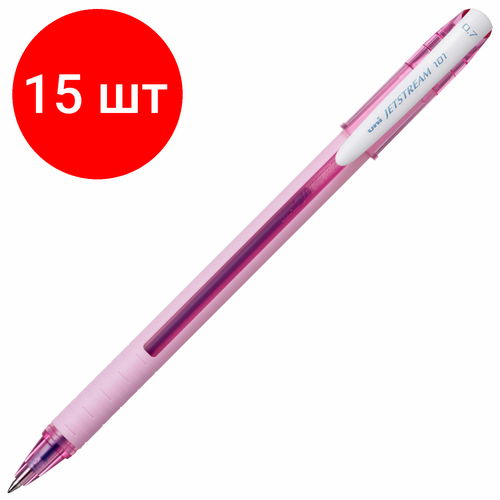 Комплект 15 шт, Ручка шариковая масляная с грипом UNI JetStream, синяя, корпус розовый, линия 0.35мм, ш/к 03750