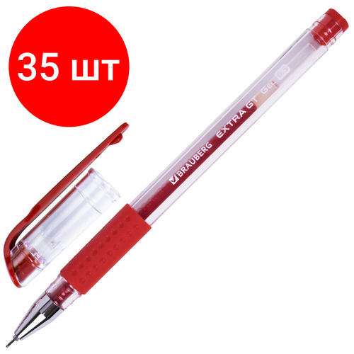 Комплект 35 шт, Ручка гелевая с грипом BRAUBERG EXTRA GT NEEDLE, красная, игольчатый узел 0.5 мм, линия 0.35 мм, 143921