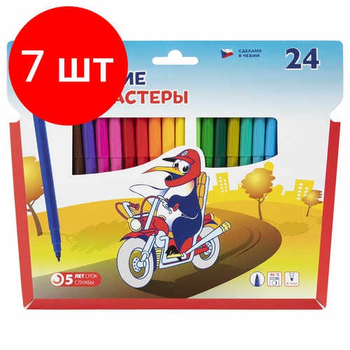 Комплект 7 шт, Фломастеры 24 цвета CENTROPEN Пингвины, смываемые, вентилируемый колпачок, 7790/24ET, 7 7790 2486