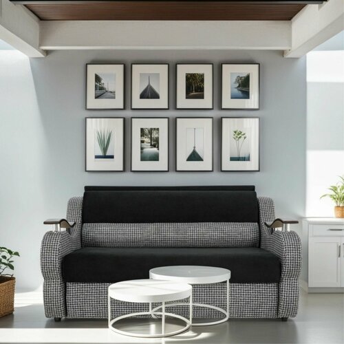 Выкатной диван-кровать прямой Рим серо-черный микровелюр + рогожка с ящиком для хранения (сп. м. 120 см х 195 см)