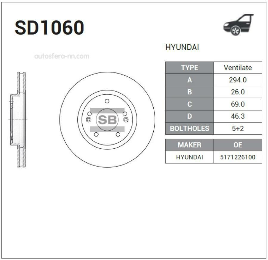 SANGSIN BRAKE SD1060 Диск тормозной передний (294х26) 5 отв