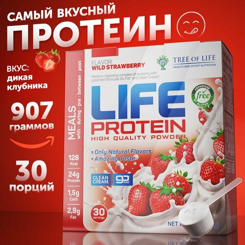 Протеин изолят сывороточный life Protein Вкусный белковый коктейль Клубника здоровое и красота питание, похудение, сушка и набор массы, 907 гр, 30п.