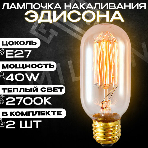 Лампа (лампочка) накаливания Эдисона Emilion Loft Edison T45 (E27, 40Вт, желтый свет, 2 шт)