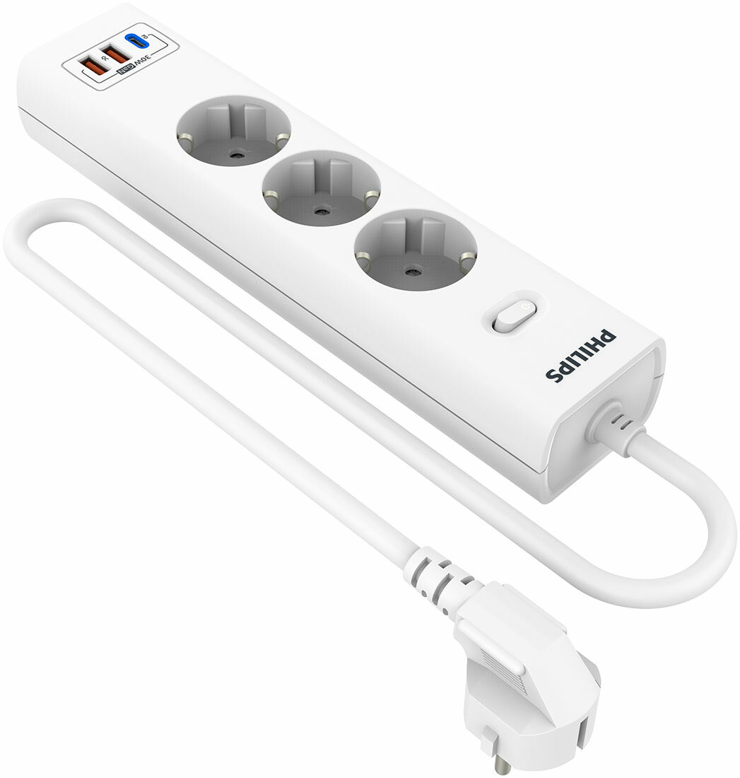 Сетевой фильтр Philips 3 Розетки с USB (PD/QC3.0 5/9/12 В) 30 Вт кабель - 3м белый
