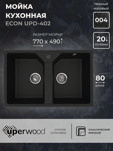 Изображение товара Кухонная мойка из искусственного камня Uperwood ECON UPD-402-004, прямоугольная, 2 чаши, черная матовая