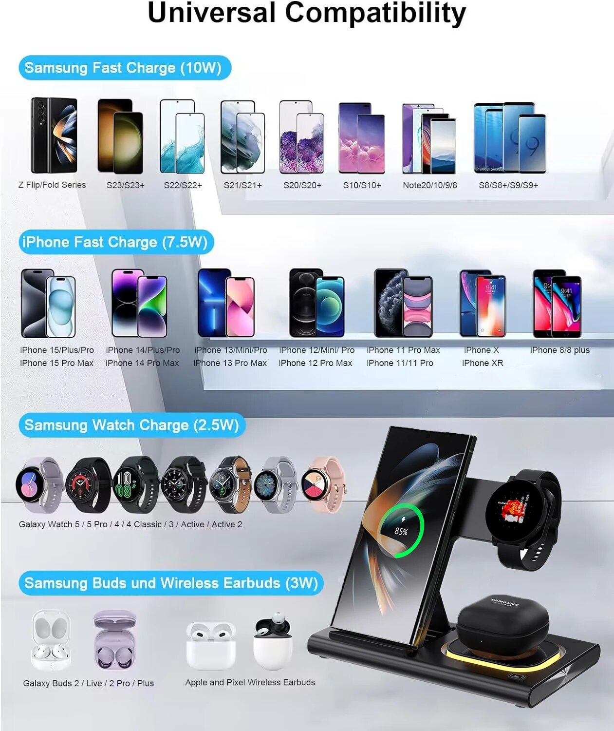 Светодиодная Складная Беспроводная зарядная подставка 3 в 1 для Samsung S24 S23 S22 Watch 6 5 4 Active 1 2 Galaxy Buds Pro, быстрая зарядная станция, Черный — фото 1