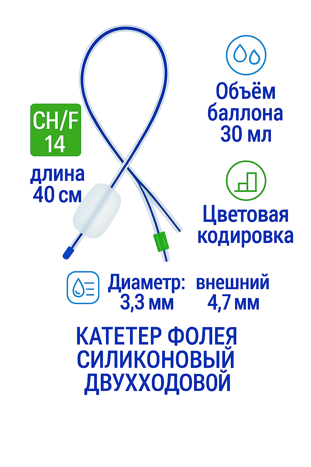 Катетер Фолея Alba Healthcare, силиконовый, 2-х ходовой, размер CH14, длина 40 см , баллон 15 мл