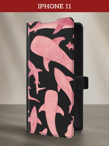 Изображение товара Чехол-книжка на Apple iPhone 11 / Айфон 11 с принтом Розовые акулы, черный